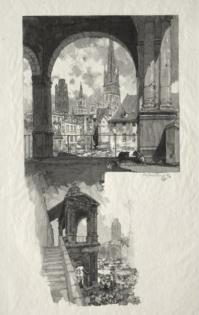 Kuvitettu Rouen: Place de la Haute Vieille Tour; Aedicule of Pride tekijältä Auguste Louis Lepère