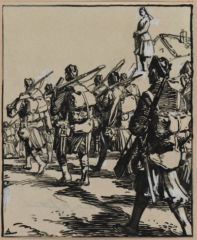 Rajataistelu: brittiläisten sotilaiden ryhmä, 1914. tekijältä Auguste Louis Lepère