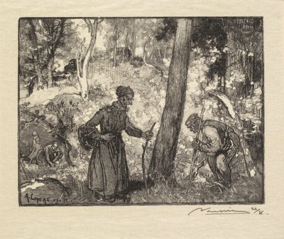 Fontainebleaun metsä: sienenmetsästäjät Rocher Bernard La Forêt de Fontainebleaussa..., 1890. tekijältä Auguste Louis Lepère