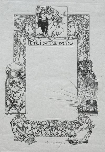 Pariisin almanakka, 1897: Koristeellinen reuna, kevät, 1897. tekijältä Auguste Louis Lepère
