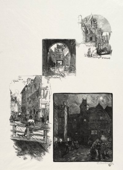 Kuvitettu Rouen: Rue des Charretes; Halage Street; Rue Eau de Robec; Taiteen aukio tekijältä Auguste Louis Lepère