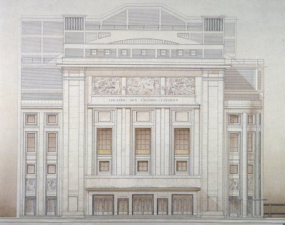 Theatre des Champs-Elysees: julkisivu - Perretin projekti tekijältä Auguste Perret