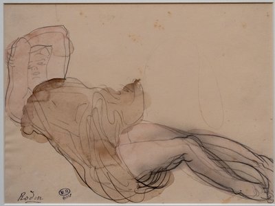 Nainen makaa, puolialasti ja kädet ristissä päänsä takana. tekijältä Auguste Rodin
