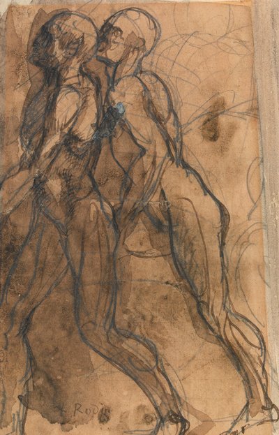 The Shades lähestyy Dantea ja Vergiliasta (grafiitti, kynä ja tumma seepiapesu kiillotuspaperilla) tekijältä Auguste Rodin