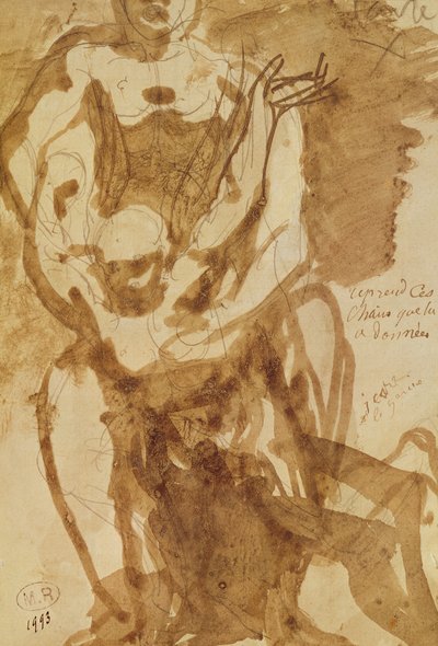 Kaksi hahmoa (Helvetin porttien valmisteleva tutkimus) (lyijykynä- ja mustepesu paperille) tekijältä Auguste Rodin