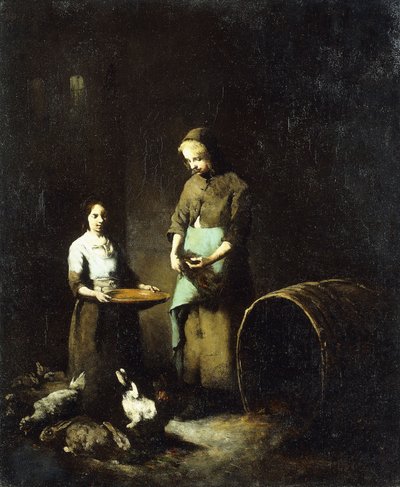 Nuoret talonpoikatytöt ruokkimassa pihaeläimiä, tekijältä Auguste Theodule Ribot