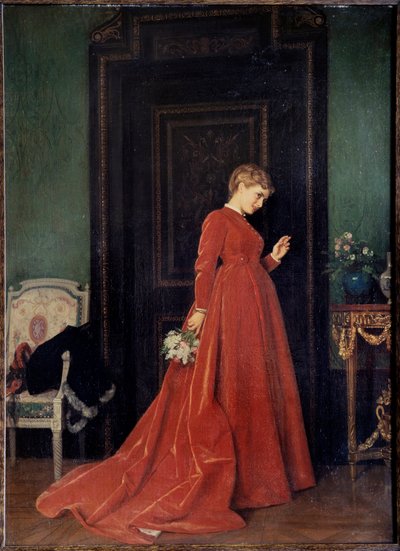 Saapuminen. Punaiseen mekkoon pukeutunut elegantti nainen on koputtamassa oveen. Hänellä on kukkakimppu kädessään, ja hänen kasvoillaan näkyy kärsimättömyys, uteliaisuus ja epäilys. Auguste Toulmouchen (1829-1890) maalaus. Öljy kankaalle. tekijältä Auguste Toulmouche