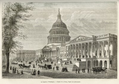 Capitol, lainsäätäjän toimipaikka, rakennettu vuosina 1793–1830 Washingtonissa (District of Columbia), Yhdysvaltojen pääkaupungissa. Kaiverrus A.Deroyn piirustuksen jälkeen havainnollistamaan tarinaa La conquete blanche, kirjoittanut William Hepworth Dixon tekijältä Auguste Victor Deroy