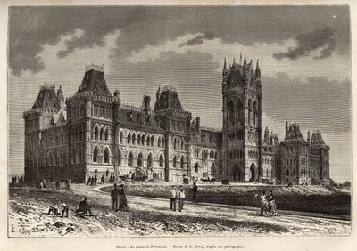 Ottawan parlamenttipalatsi, rakennettu vuosina 1859–1876, kaiverrettu A. Deroyn piirustuksen mukaan, joka havainnollistaa matkaa Kanadaan ja pohjoisen punaiselle joelle, H. De Lamotte vuonna 1873, julkaistu "" Le tour du -lehdessä monde””” 1875, toimittanu tekijältä Auguste Victor Deroy
