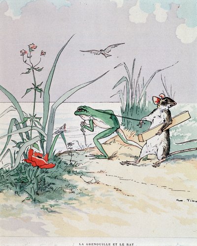 Sammakko ja rata - teoksessa "" Fables de La Fontaine", ill. kirjoittanut Auguste Vimar (1851-1916), Tours, A, Mame & Son tekijältä Auguste Vimar