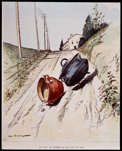 Saviruukku ja rautaruukku - teoksessa "" Les Fables de La Fontaine", ill. kirjoittanut Auguste Vimar (1851-1916), Tours, A, Mame & Son tekijältä Auguste Vimar