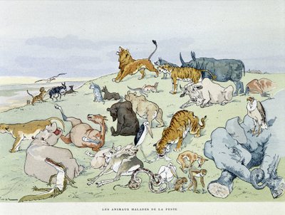Ruttoon sairaat eläimet ”” Les Fables de la Fontaine”, sairaat. kirjoittanut Auguste Vimar (1851-1916), Tours, A, Mame & Son tekijältä Auguste Vimar