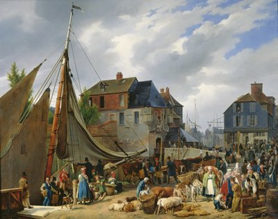 Karjan lastaus "matkustajalle" Honfleurin satamassa, 1823 tekijältä Auguste Xavier Leprince