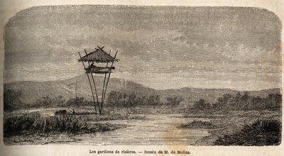Riisivartija lähellä Bataviaa (nykyinen Jakarta). M. de Molinsin piirustus havainnollistamaan hänen matkaansa Jaavalle tekijältä Auguste de Molins