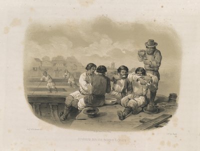 Rakentajat veneellä julkaisusta: Pyhän Iisakin katedraalin rakentaminen, 1845 tekijältä Auguste de Montferrand
