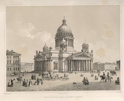 Pyhän Iisakin katedraali Admiralteysky Prospektilta katsottuna Kuva: Pyhän Iisakin katedraalin rakentaminen, 1845 tekijältä Auguste de Montferrand