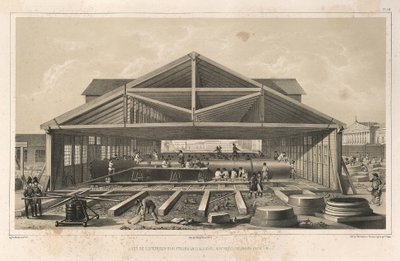 Kivimuurarien työpaja: Pyhän Iisakin katedraalin rakentaminen, 1845 tekijältä Auguste de Montferrand