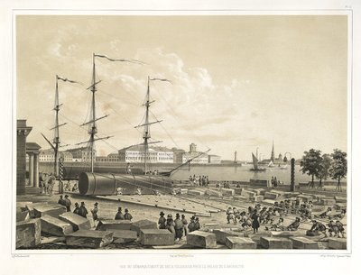 Kahden kolonnin purkaminen Amiraliteetissa osoitteesta: Pyhän Iisakin katedraalin rakentaminen, 1845 tekijältä Auguste de Montferrand