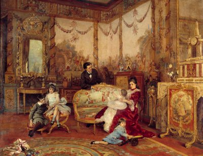 Victorian Sardou (1831 - 1908), näytelmäkirjailija ja hänen lapsensa. Näkymä olohuoneen sisäpuolelta, jossa on takka takan edessä. Auguste La Brelyn (1838-1906) maalaus tekijältä Auguste de la Brely