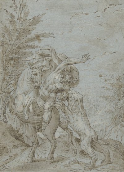 Leijona hyökkäsi ratsumiehen kimppuun (profeetta Bileam?) tekijältä Augustin Braun (possibly)