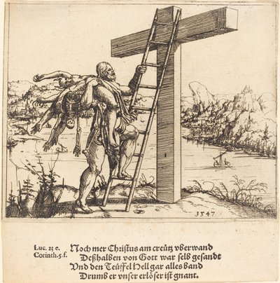 Kristus nousemassa ristille synnin, kuoleman ja paholaisen kanssa, 1547. tekijältä Augustin Hirschvogel