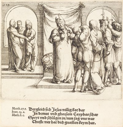 Kristusta pilkataan, ja Kaifas repäisee vaatteensa, 1549. tekijältä Augustin Hirschvogel