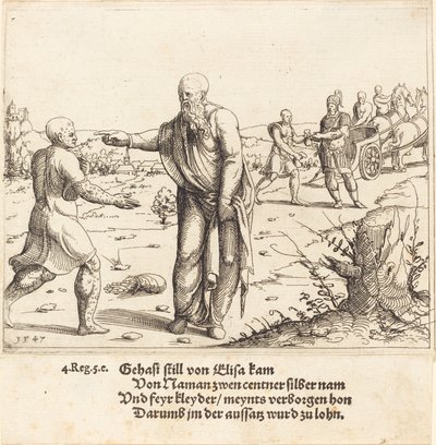 Elisa rankaisee Gehasia Naamanin spitaalilla, 1547. tekijältä Augustin Hirschvogel