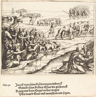 Jaakob paini enkelin kanssa, 1548. tekijältä Augustin Hirschvogel