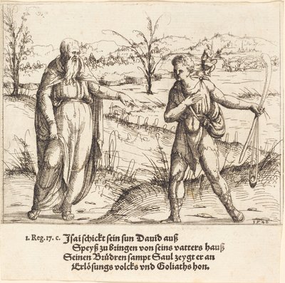 Jesse lähettää Daavidin veljiensä ja Saulin luo, 1548. tekijältä Augustin Hirschvogel