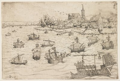 Joona ja valas järvellä purjealuksilla, 1546 tekijältä Augustin Hirschvogel