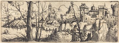 Maisema ja linna oikealla, kallioiden ympäröimä, 1546. tekijältä Augustin Hirschvogel