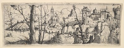 Maisema linnoituksen ja kirkon kanssa joella, 1545. tekijältä Augustin Hirschvogel