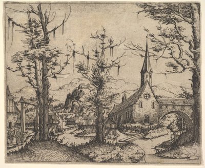Maisema, jossa on neljä puuta ja kirkko oikealla, 1545. tekijältä Augustin Hirschvogel