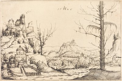 Maisema korkeiden kallioiden, joen ja kaupungin kanssa, 1546. tekijältä Augustin Hirschvogel
