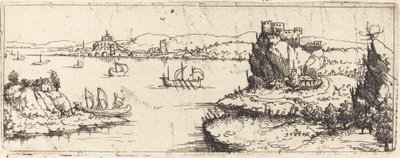 Maisema purjeveneillä [pohjalevy], 1546. tekijältä Augustin Hirschvogel