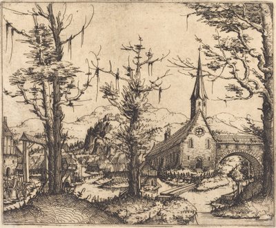 Maisema ja kyläkirkko, 1545. tekijältä Augustin Hirschvogel