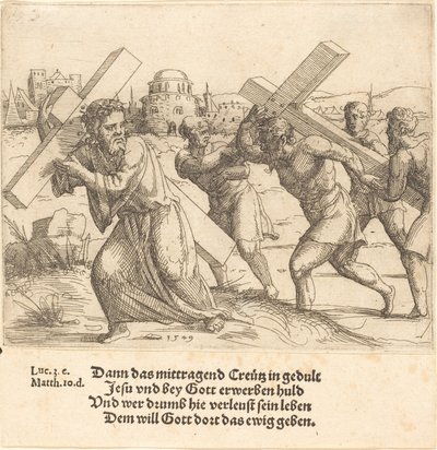 Ihminen kantaa ristiä Kristuksen jälkeen, 1549. tekijältä Augustin Hirschvogel