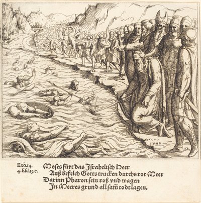Mooses sulkee Punaisen meren, 1548. tekijältä Augustin Hirschvogel