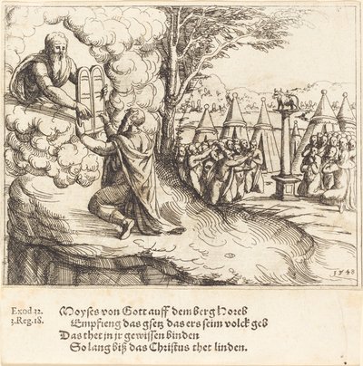 Mooses vastaanottamassa tauluja, 1548. tekijältä Augustin Hirschvogel
