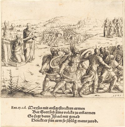 Mooses ojennetuin käsivarsin, 1547. tekijältä Augustin Hirschvogel