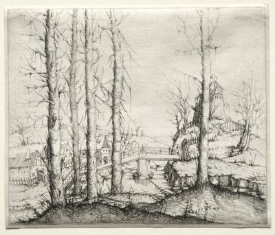 Jokimaisema viidellä paljaalla kuusella etualalla, 1549. tekijältä Augustin Hirschvogel