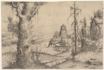 Jokimaisema ja suuri puu vasemmalla, 1546. tekijältä Augustin Hirschvogel