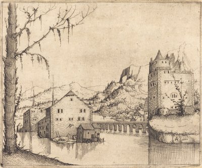 Jokimaisema ja kaksi rakennusta, 1545. tekijältä Augustin Hirschvogel