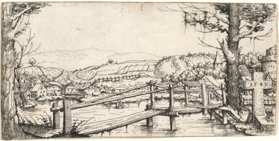 Jokimaisema kävelysillalla, 1546. tekijältä Augustin Hirschvogel