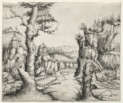 Jokimaisema kivineen vasemmalla ana oikealla, 1546. tekijältä Augustin Hirschvogel