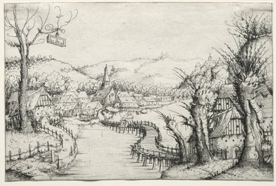 Jokimaisema, jossa kolme paljaaa pajua oikealla ja pitkä mutkainen puusilta..., 1546. tekijältä Augustin Hirschvogel