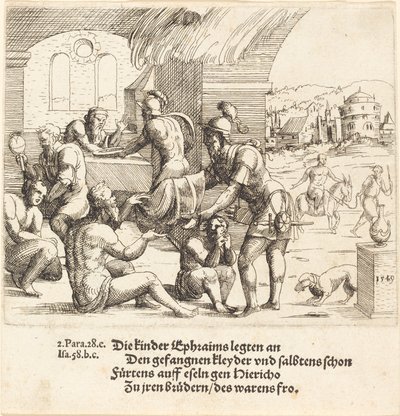 Efraimin miehet huolehtivat vangeistaan ja palauttavat heidät Jerikoon, 1549. tekijältä Augustin Hirschvogel
