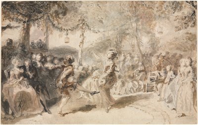 Pukupukuiset tanssijat esiintymässä puutarhatavernassa, 1756. tekijältä Augustin de Saint Aubin