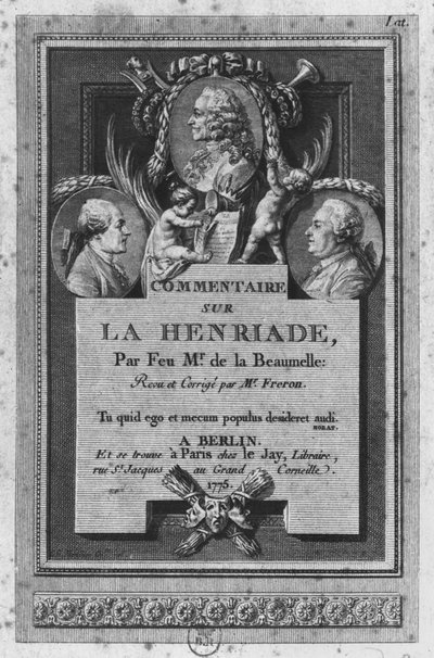 Etukuva de la Beaumellen kommentista Voltairen teokseen "La Henriade", jonka Freron on tarkistanut ja päivittänyt ja joka on julkaistu Berliinissä ja Pariisissa vuonna 1775. tekijältä Augustin de Saint Aubin