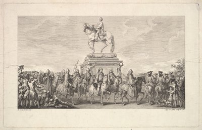 Ludvig XV:n patsaan avajaiset, vinjetti sivulla 1, julkaisusta Description des Trava..., 1766. tekijältä Augustin de Saint Aubin